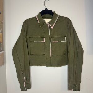 Anthropologie Pilcro Embroidered Olive Green Cropped Jacket with Pink Accents
